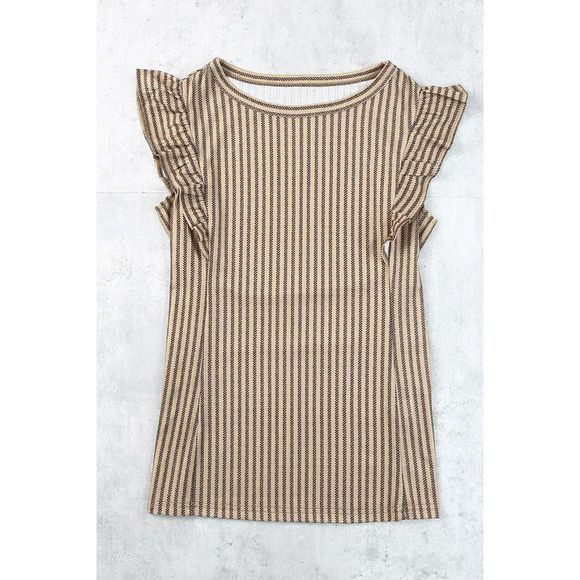 Azura Exchange  Khaki Striped Crew Neck Ruffled Tank Top - Picture 15 of 15